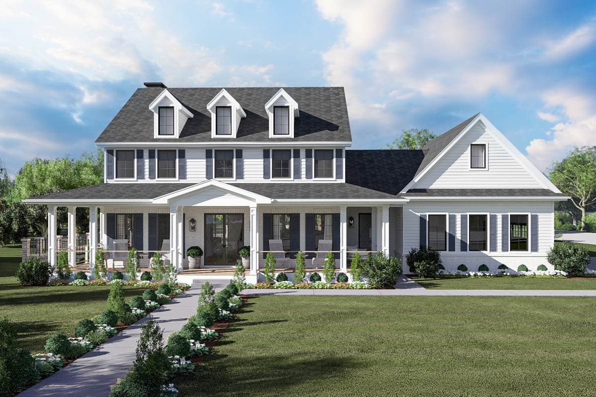 House plan exterior. Two-story farmhouse with a wraparound porch, gabled roof, and dormers. The home features multiple shuttered windows.