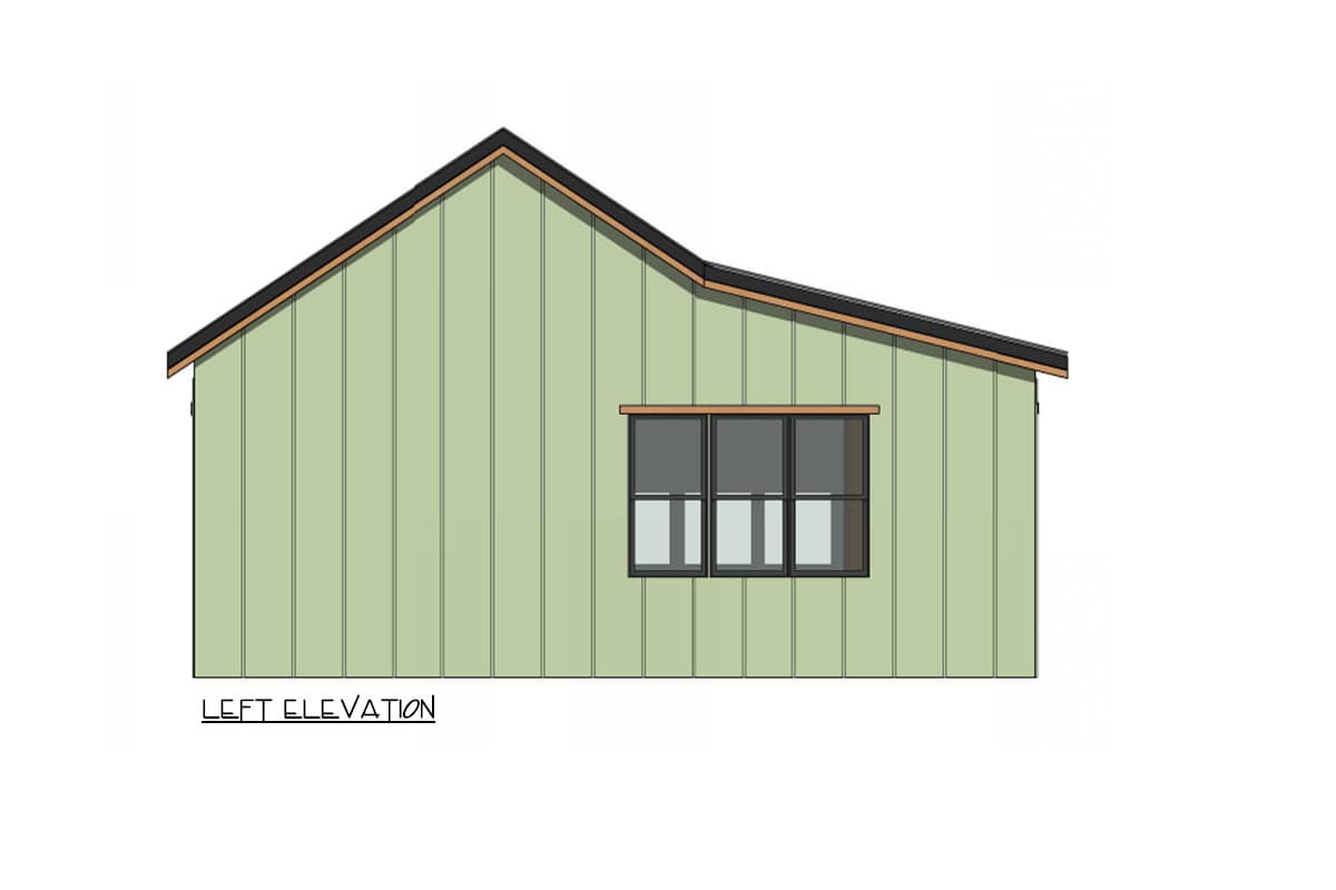 Left elevation drawing of house plan with vertical siding, gabled roof, and a three-part window.