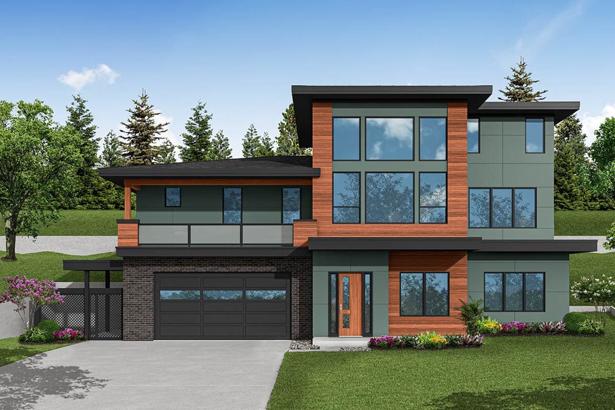 House plan exterior featuring a modern style with two stories. Key features include a flat roof, large windows, wood accents, and a covered balcony.