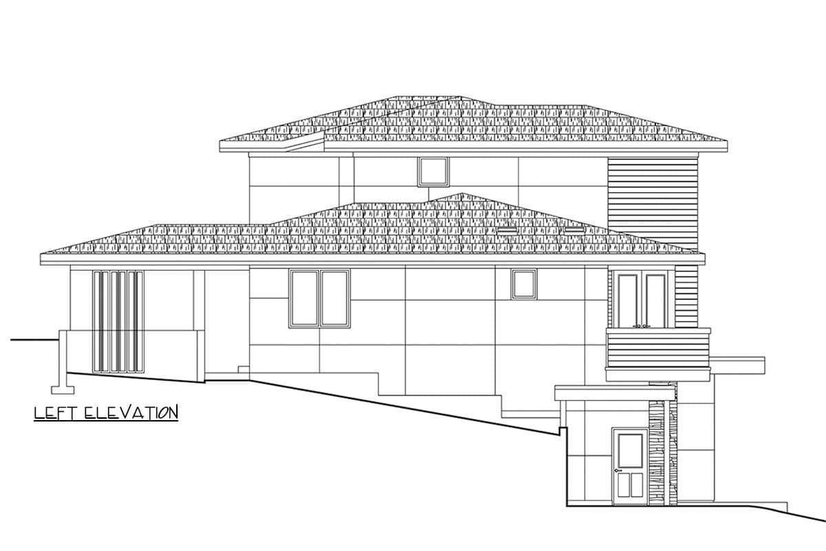 Left elevation drawing of a two-story house plan with gabled roofs, a covered porch, and horizontal siding details.
