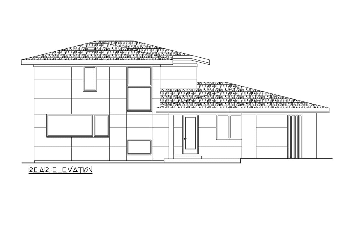 Rear elevation house plan showing two stories, varied window sizes, a pitched roof, and a central entry.