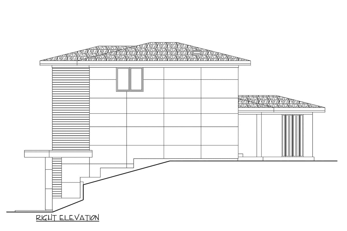 Right elevation drawing of a two-story house plan with horizontal siding, a prominent gable, and a covered porch.