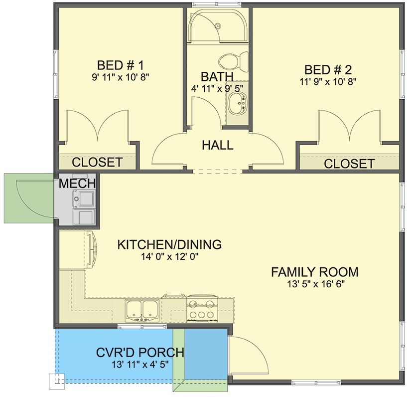 Plan 61585UT: 2-Bed ADU House Plan with Open Concept Living - 791 Sq Ft - Floor Plan - Main Level - Country, Craftsman, Traditional