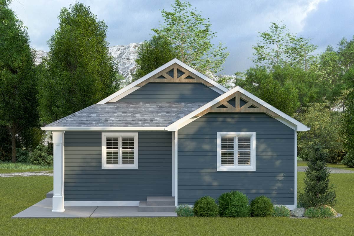 House plan exterior: Single-story home with gabled roof, decorative gable brackets, horizontal siding, and a covered entry.