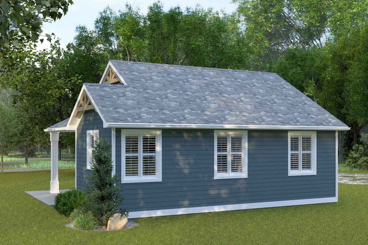 House plan exterior: single-story Modern Farmhouse with gabled dormer, visible rafters, covered entry porch, and horizontal siding.