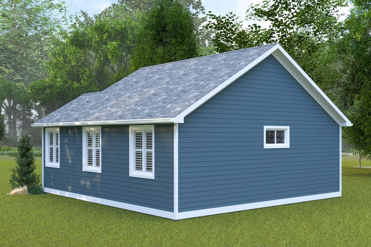 House plan exterior: One-story dwelling with blue lap siding, gabled roof, and white trim. Features multiple windows.