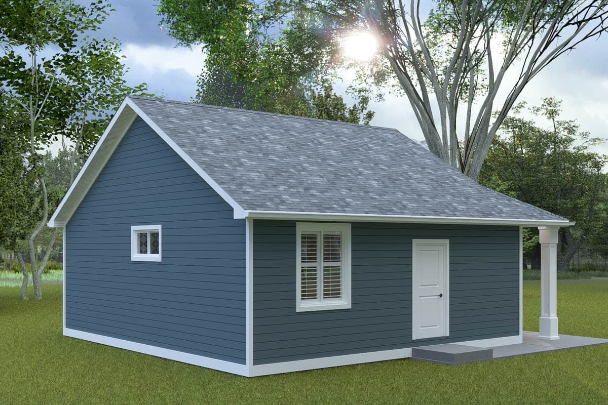 House plan exterior of a one-story house with a gable roof, horizontal siding, front door, and a single porch column.