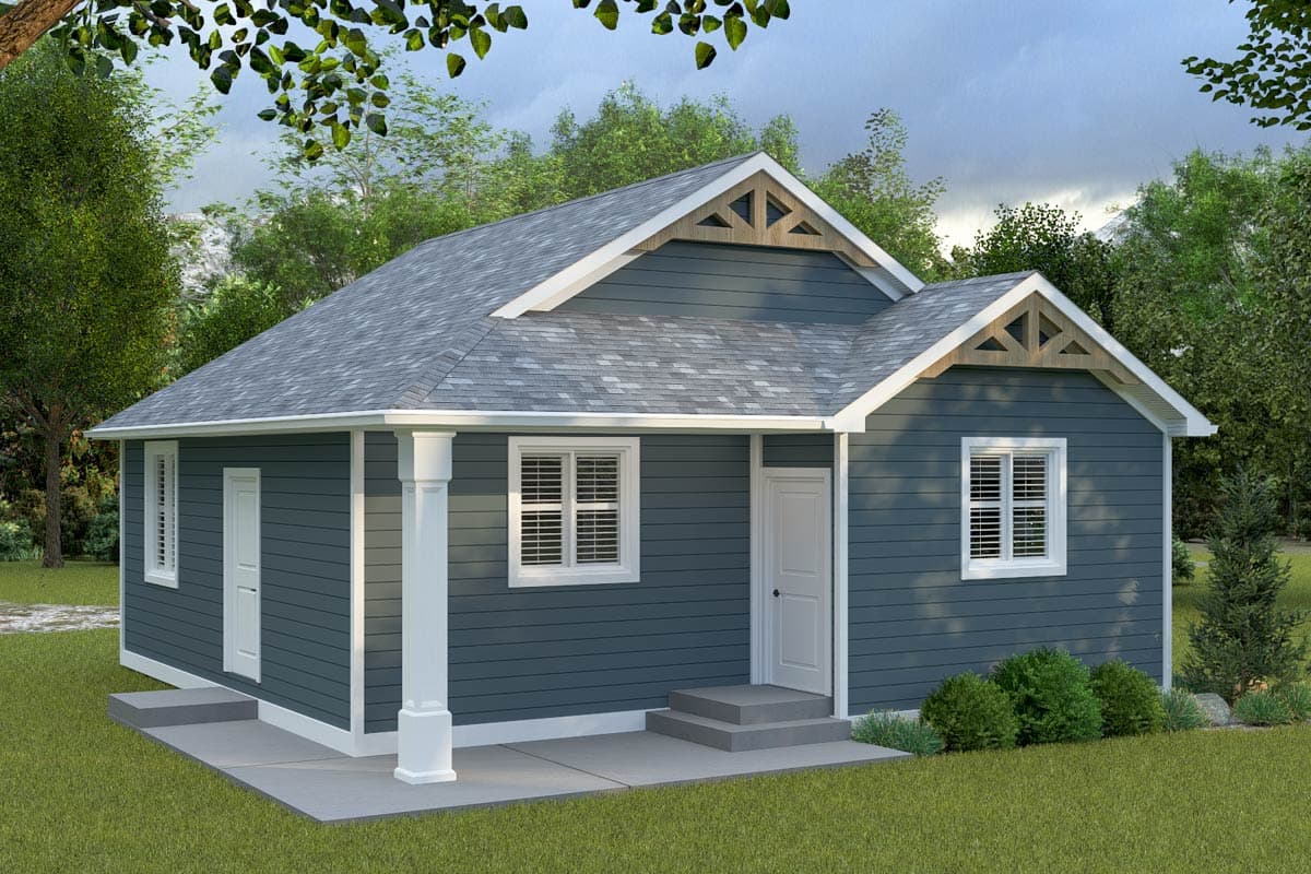 House plan exterior. One-story Craftsman with front porch supported by columns. Features include gables with decorative brackets and a hipped roof.