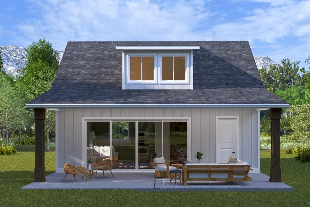 House plan exterior: Modern Farmhouse style, two stories, gable dormer, covered patio with large sliding glass doors, and wooden porch columns.