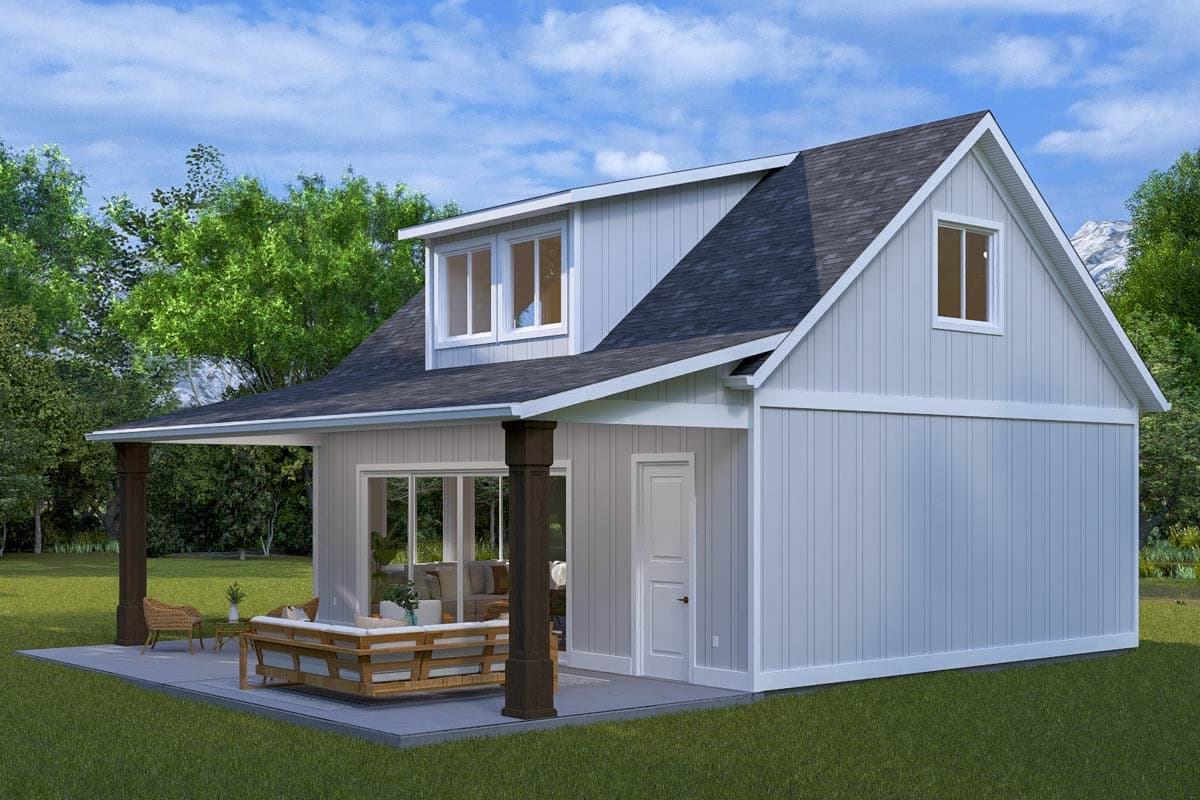 House plan exterior, modern farmhouse style, two stories, with covered patio, dormer, and vertical siding.