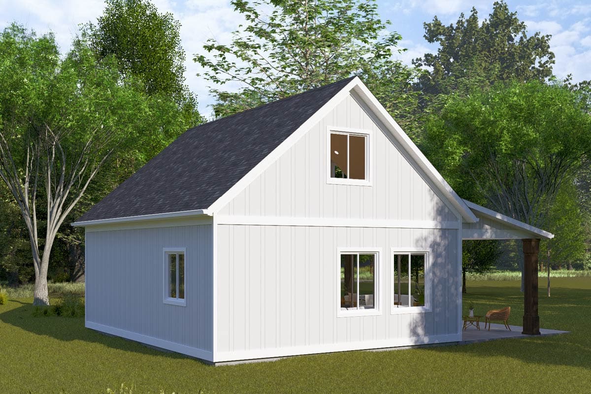 House plan exterior: Modern design with a steep gable roof, board and batten siding, and a covered porch with a timber post.