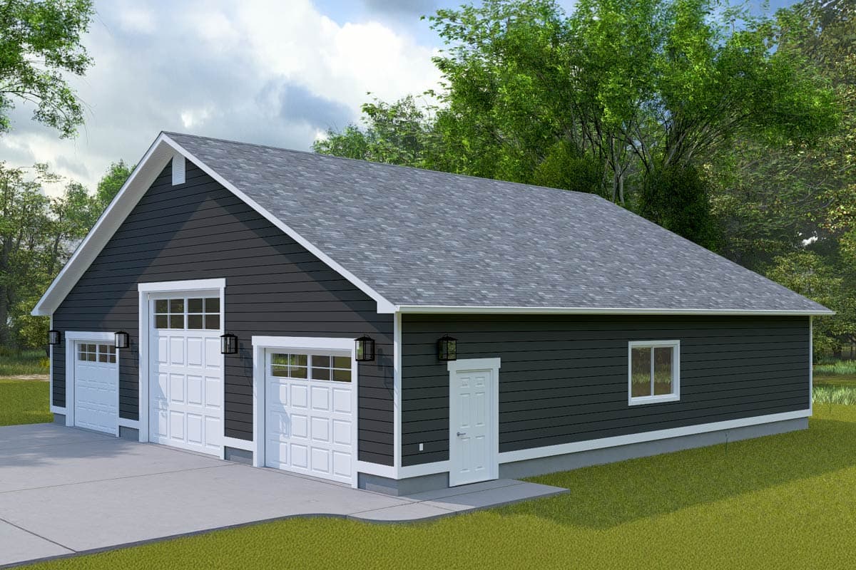 House plan exterior of a one-story garage with three bays, horizontal siding, a gable roof, and two exterior lights.