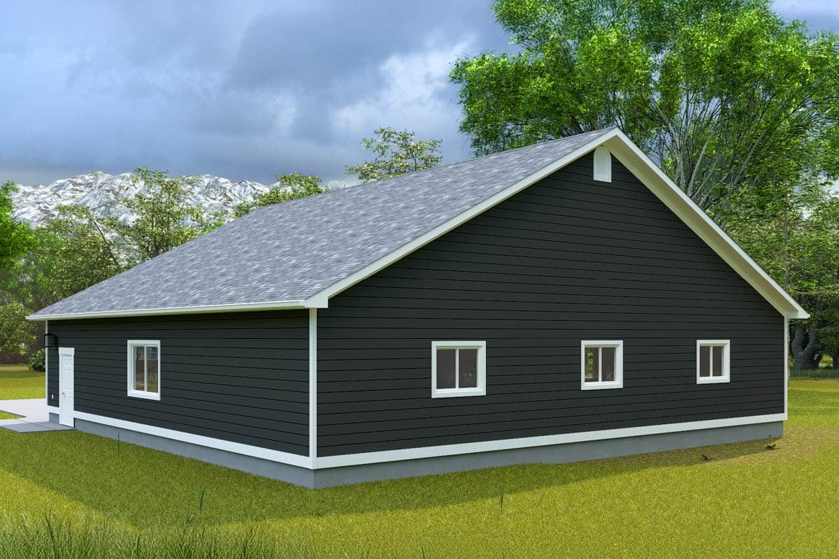 House plan exterior: Ranch style, single story, with horizontal siding, gable roof, and white trim.