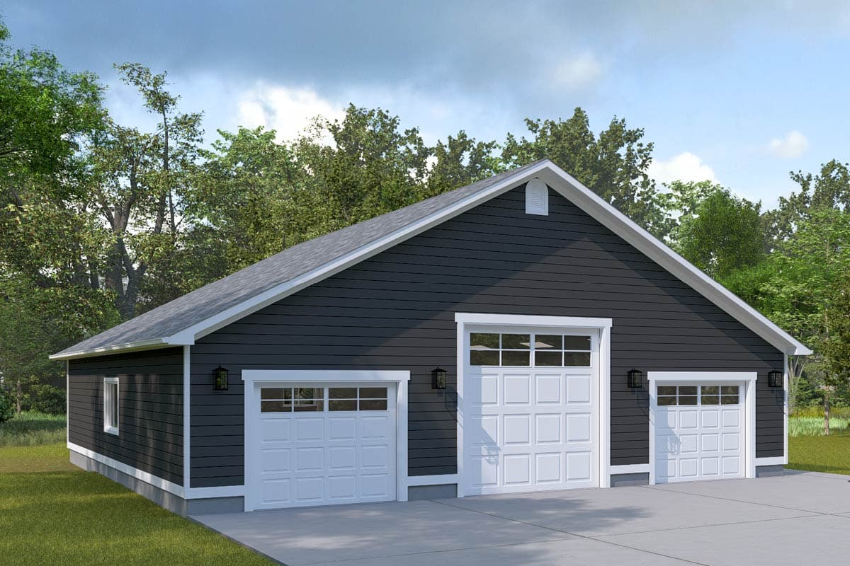House plan exterior: Modern style garage with three bays, featuring a prominent gable vent and dark horizontal siding.