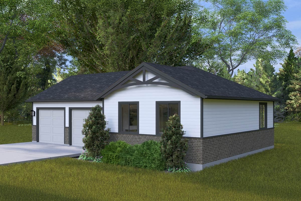 House plan exterior: Modern style, single-story with a gable roof, two-car garage, and horizontal siding with brick foundation.