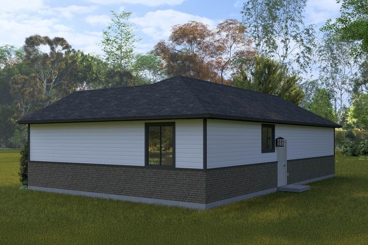 House plan exterior: single-story, white horizontal siding over dark brick base, dark-trimmed windows, asphalt shingle roof.