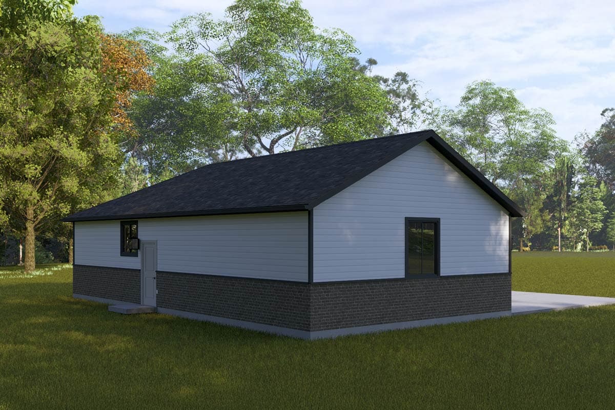 House plan exterior rendering shows a one-story building with a dark roof, white siding, and a dark brick lower section.