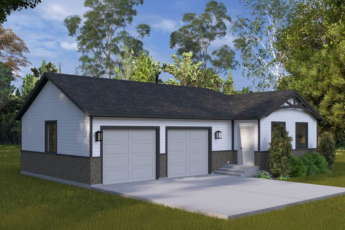 House plan exterior: Ranch style, single-story, with a two-car garage, white siding, brick accents, and a prominent gable.