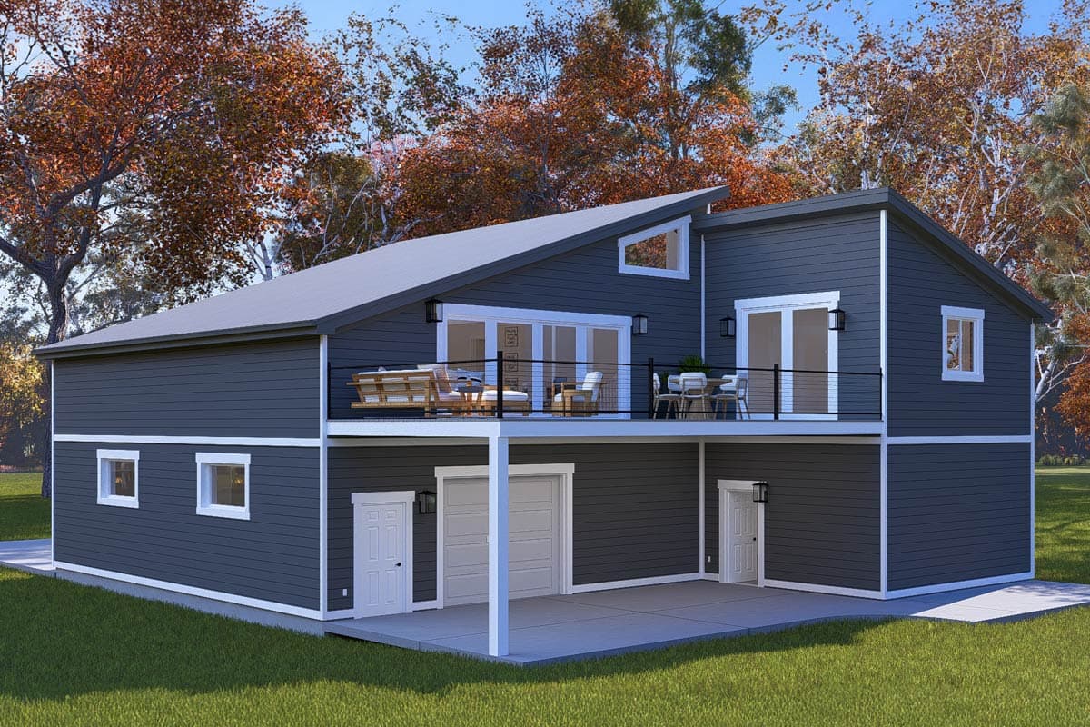 House plan exterior: Two-story modern home with intersecting rooflines, upper-level deck, and two-car garage.