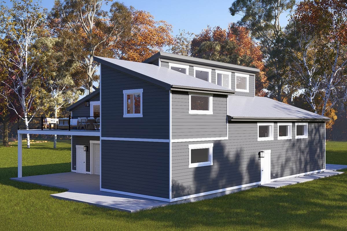 Modern house plan exterior with a pitched roof, large deck, and numerous rectangular windows.