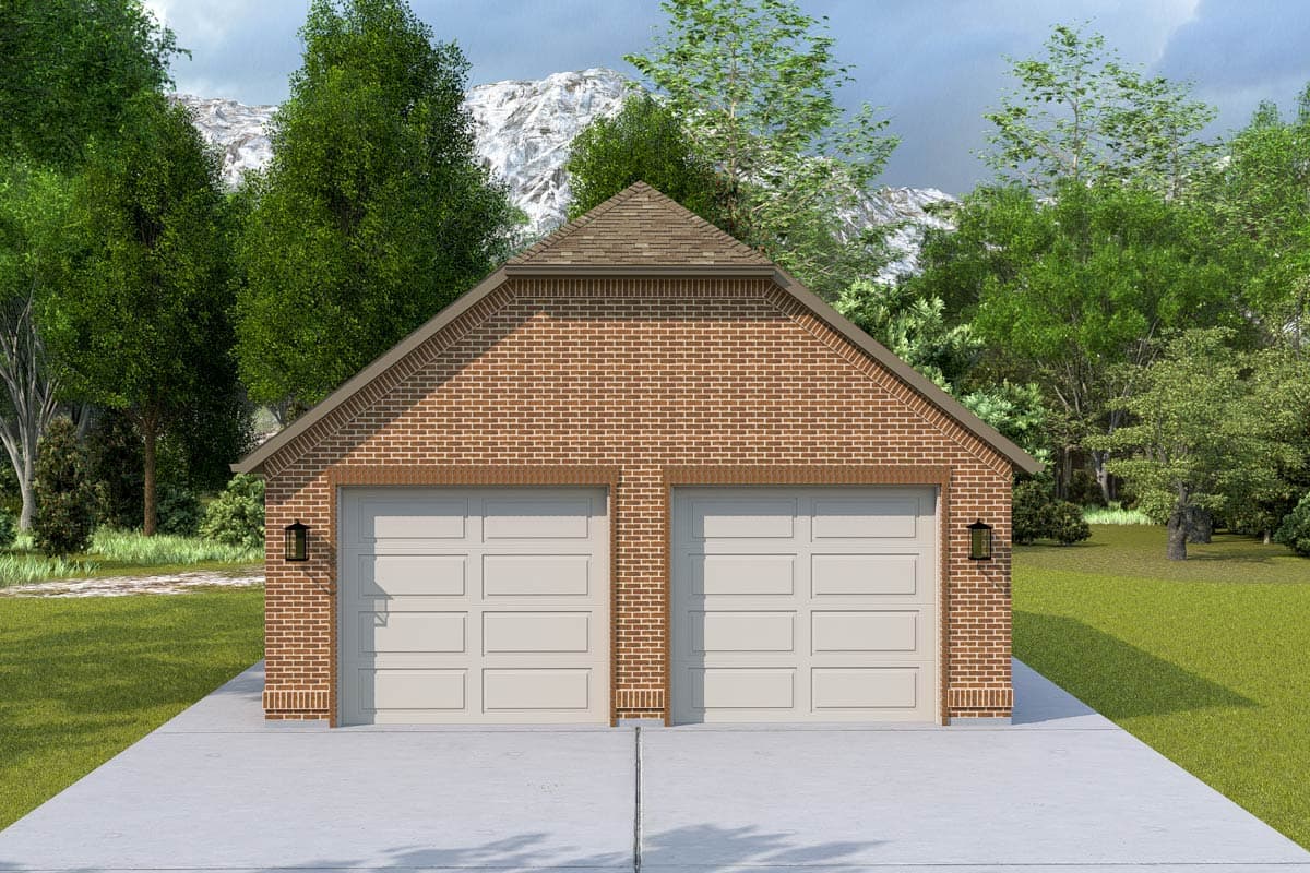 House plan exterior with two-car garage. Brick facade, gabled roof, and two overhead garage doors. Features include outdoor lighting.