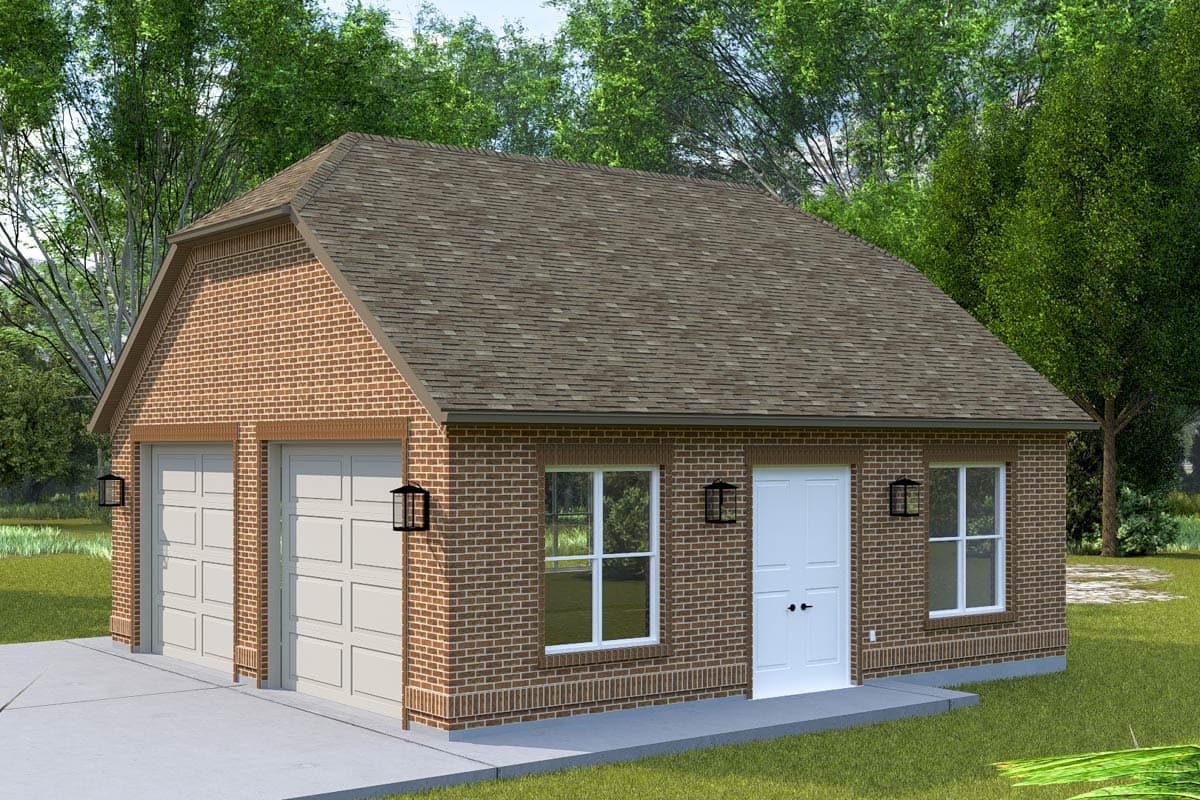 House plan exterior: Brick building with a gable roof, two garage doors, and one entry door.