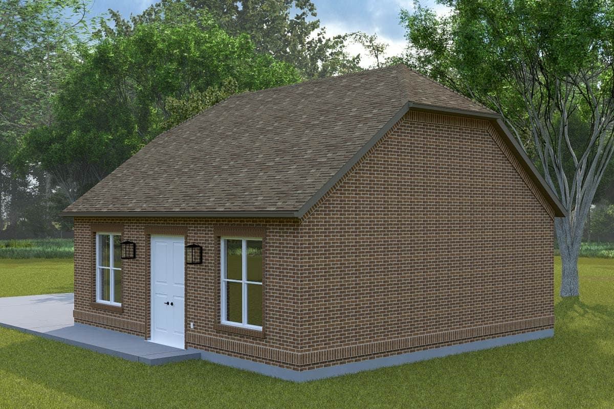 House plan exterior: One-story brick home with gable roof, double doors, and two windows.