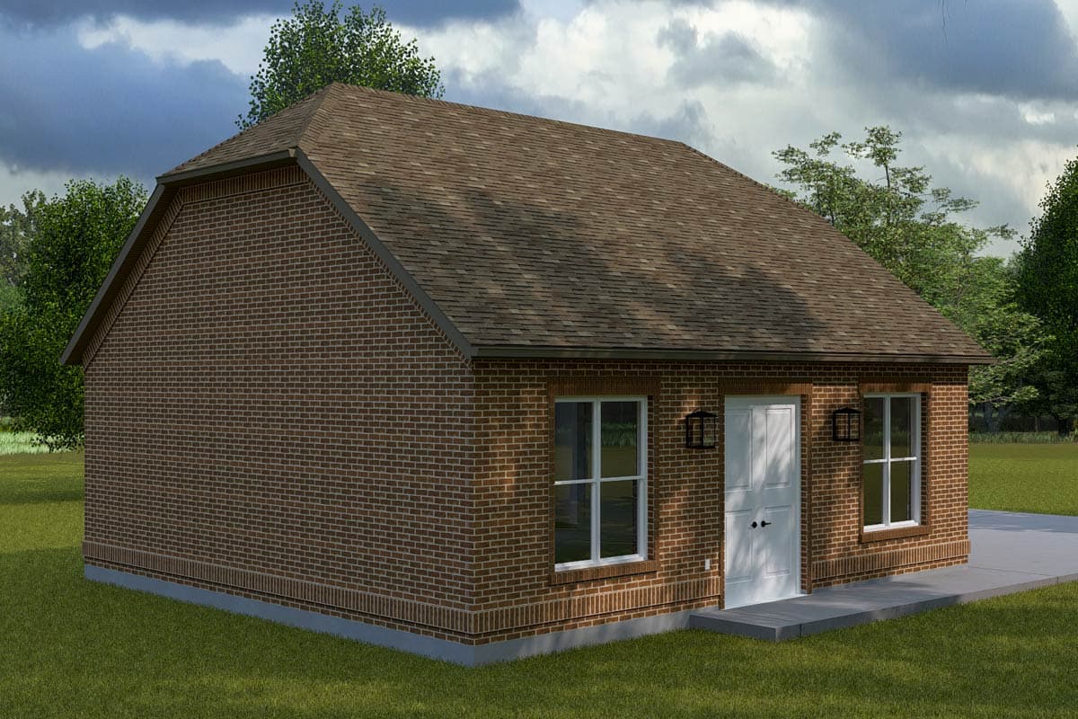 House plan exterior with brick facade, gable roof, two windows, and a double door entrance.
