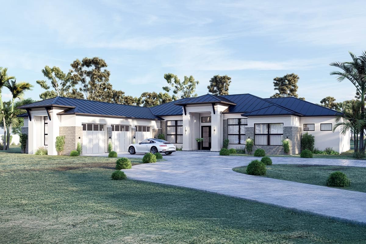 House plan exterior with modern style, one story, and a three-car garage. Features include a flat roof, large windows, and a covered entry.