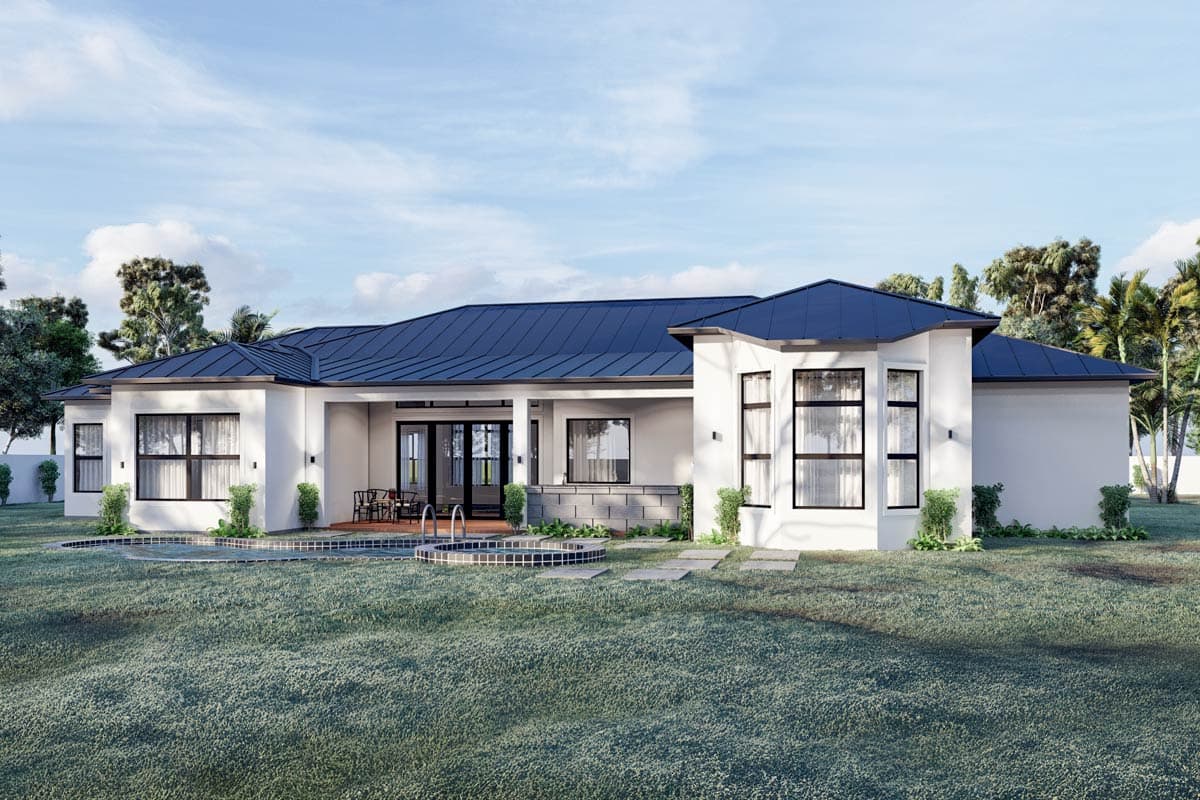 House plan exterior: one-story modern home with dark metal roof, large windows, covered patio, and a pool.