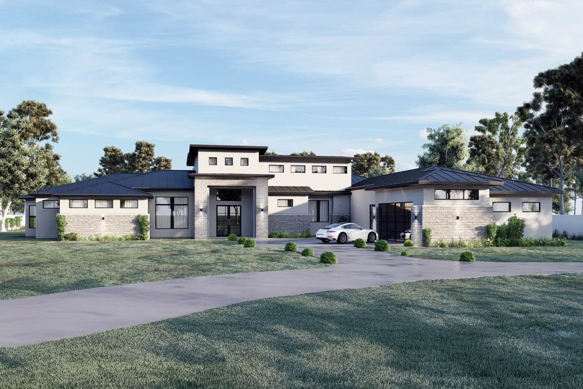 House plan exterior. Modern style, single story home with flat roof, attached garage, and stone facade accents. Includes a long driveway.