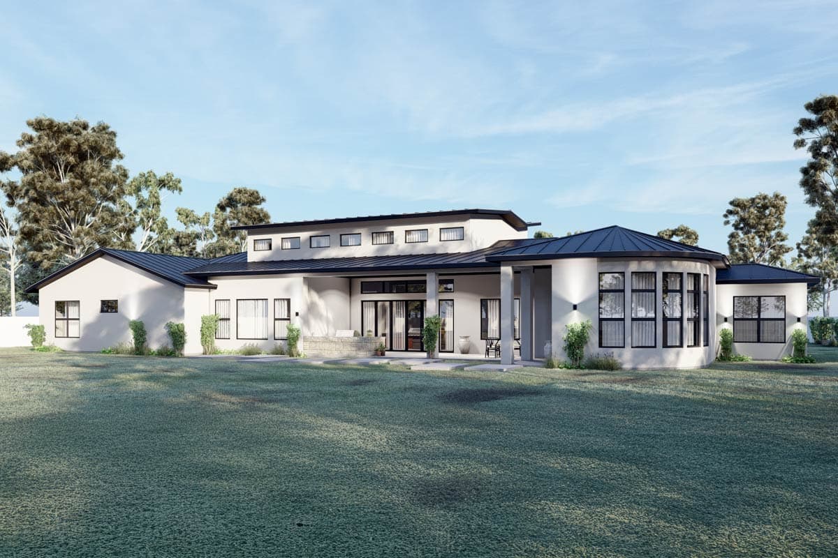 House plan exterior: Modern style, single-story with a central upper clerestory, wraparound porch, and a curved bay window section.