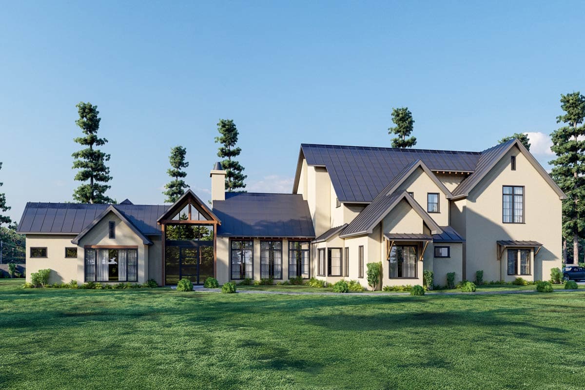 House plan exterior with multiple gables, shed roof over porch, and dark metal roof. Two-story house with large windows and glass entryway.