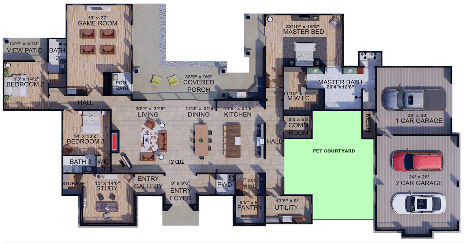 Plan 430111LY: 3-Bed Contemporary Hill Country House Plan with Large Game Room - 4070 Sq Ft - Floor Plan - Main Level - Contemporary, Hill Country, Mid Century Modern, Ranch
