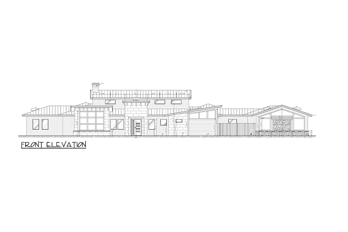 Front elevation drawing of a multi-story house with prominent windows, brick facade, and varied rooflines.