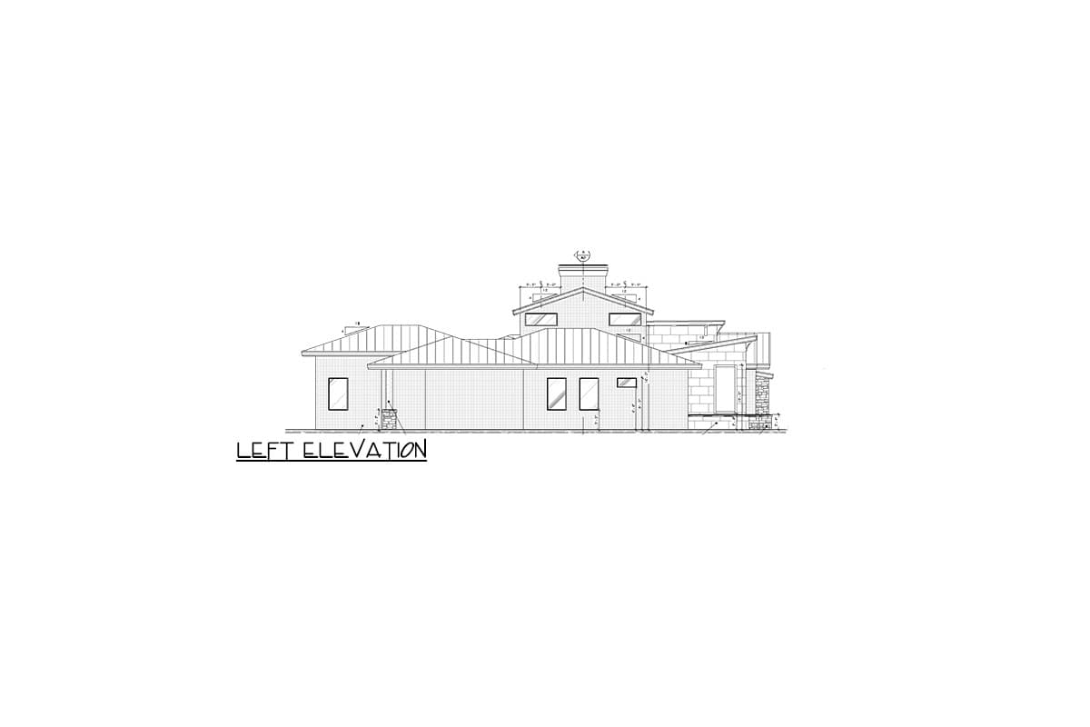 Left elevation drawing of a single-story house with multiple gables, shed rooflines, and stone accents.