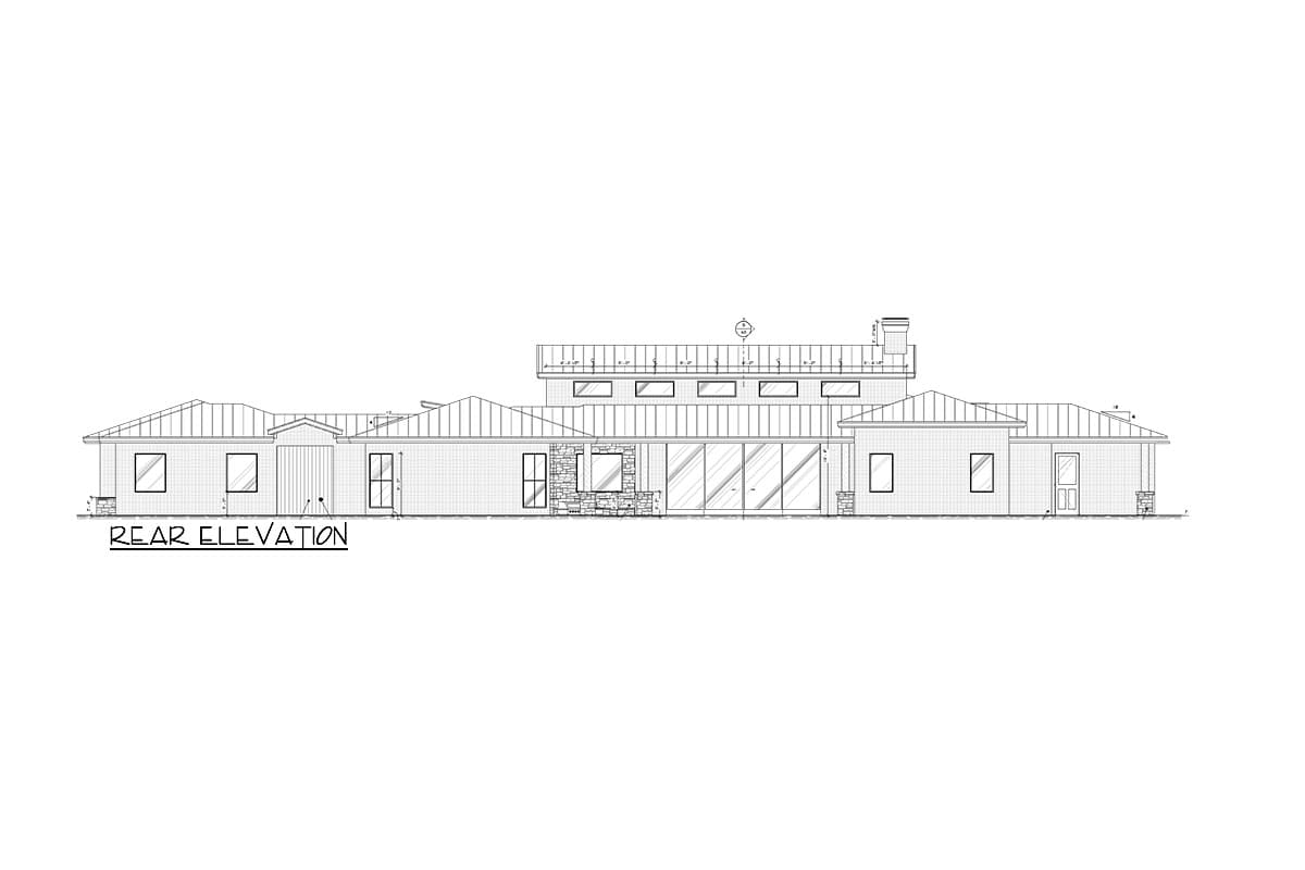 Rear elevation drawing of a single-story house plan featuring a metal roof, large windows, stone accents, and multiple doors.