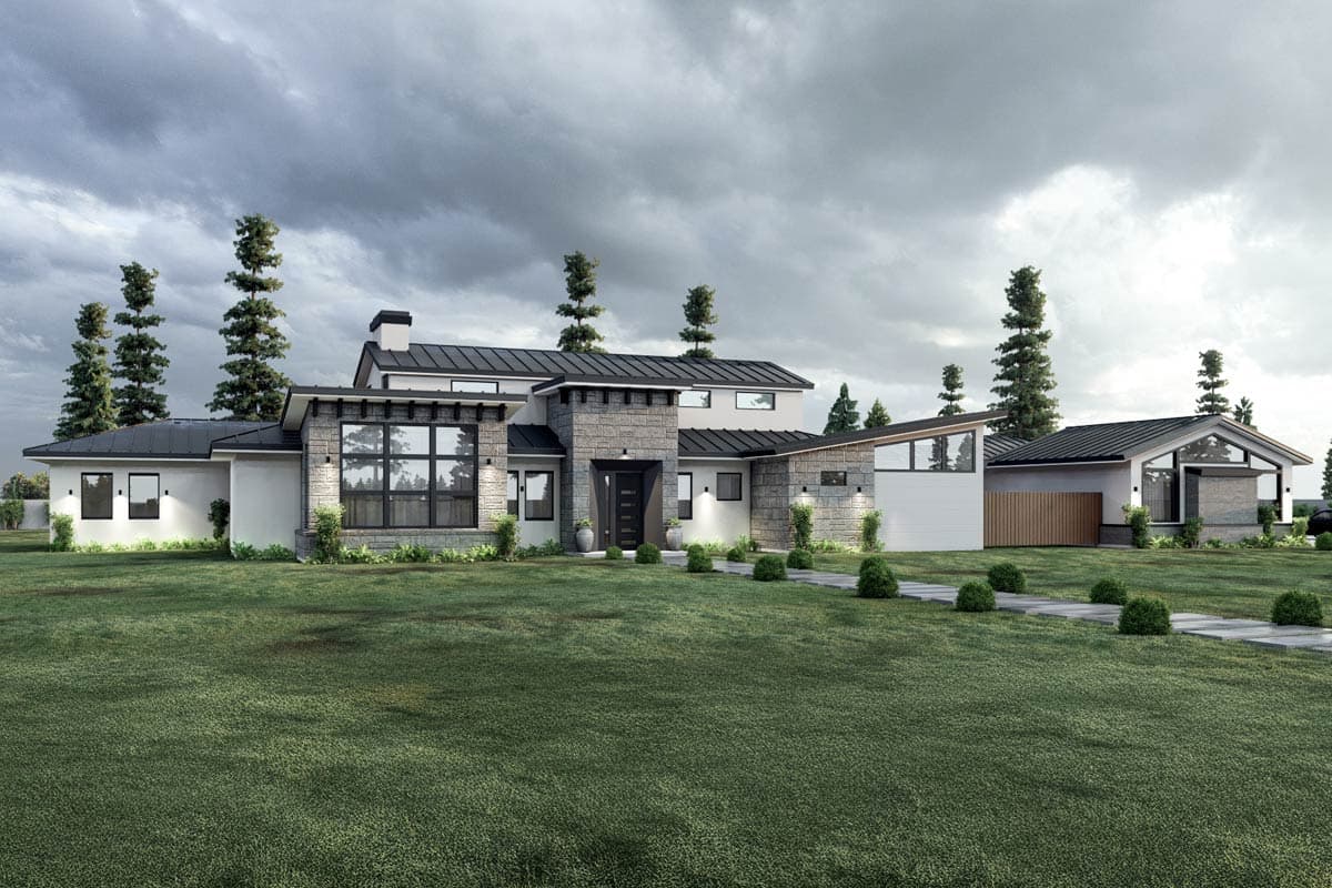 House plan exterior. Modern style with stone and stucco facade, flat rooflines, and large windows. Two-story with attached garage.