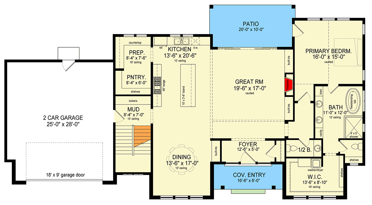 Plan 493024GNT: 4-Bed Transitional House Plan with Two-Story Great Room - 3379 Sq Ft - Floor Plan - Main Level - Transitional