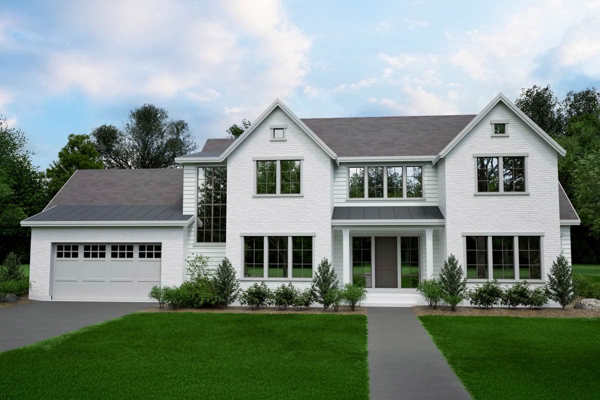 House plan exterior. Two-story home with gabled roof, brick facade, covered entry porch, and attached garage. Multiple windows and dormers.