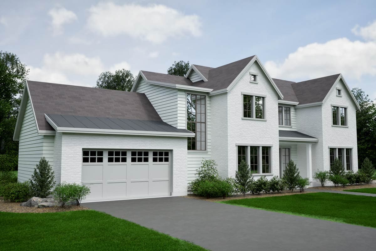 House plan exterior: two-story Modern Farmhouse with white brick and siding, gabled roof, and attached garage.