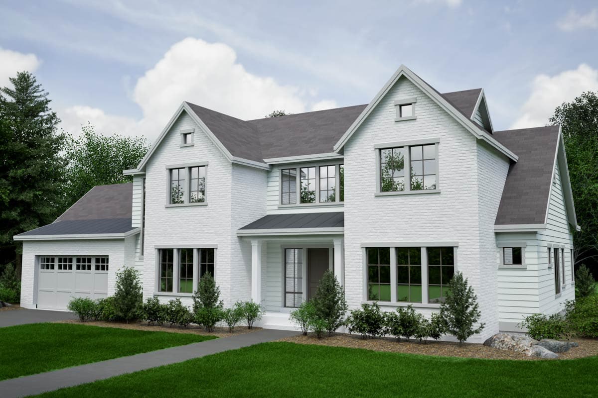 House plan exterior: Two-story Modern Farmhouse with white brick facade, gables, large windows, and attached garage.