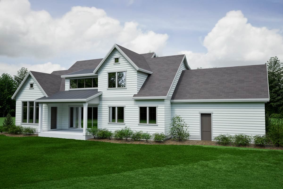House plan exterior: Modern Farmhouse style, two stories, with a prominent covered entry, multiple gables, and horizontal siding.