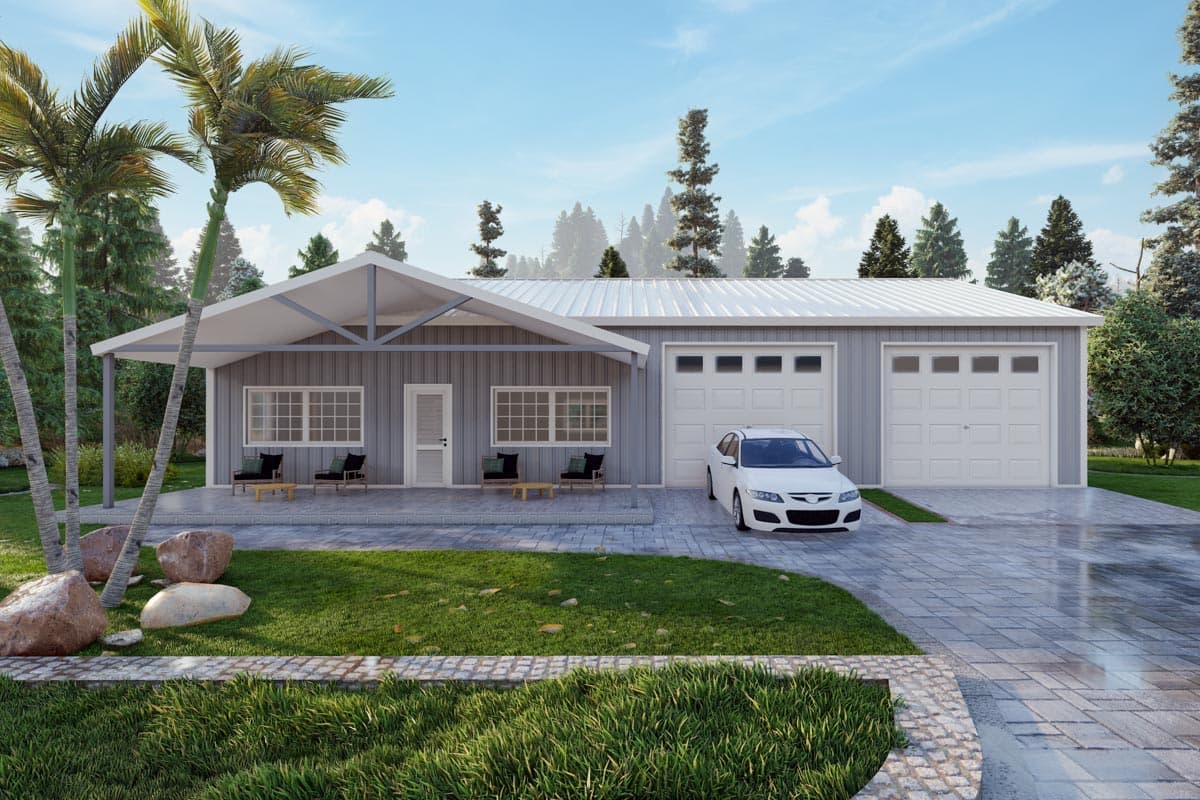 House plan exterior. One-story structure with gabled roof, covered porch, and three-bay garage. Features include metal siding and a large driveway.
