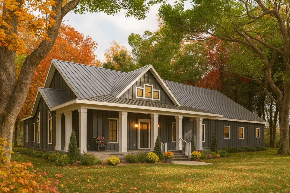 House plan exterior: Modern Farmhouse style, one story, with a metal roof, deep porch with square columns, and gabled dormers.