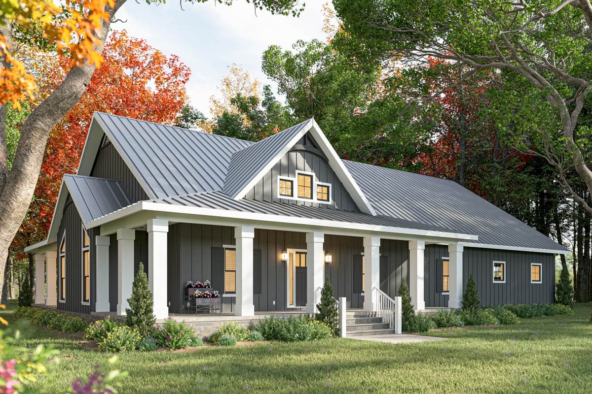 House plan exterior: Modern Farmhouse style, one story, with a gabled roof, wide porch, and board and batten siding.