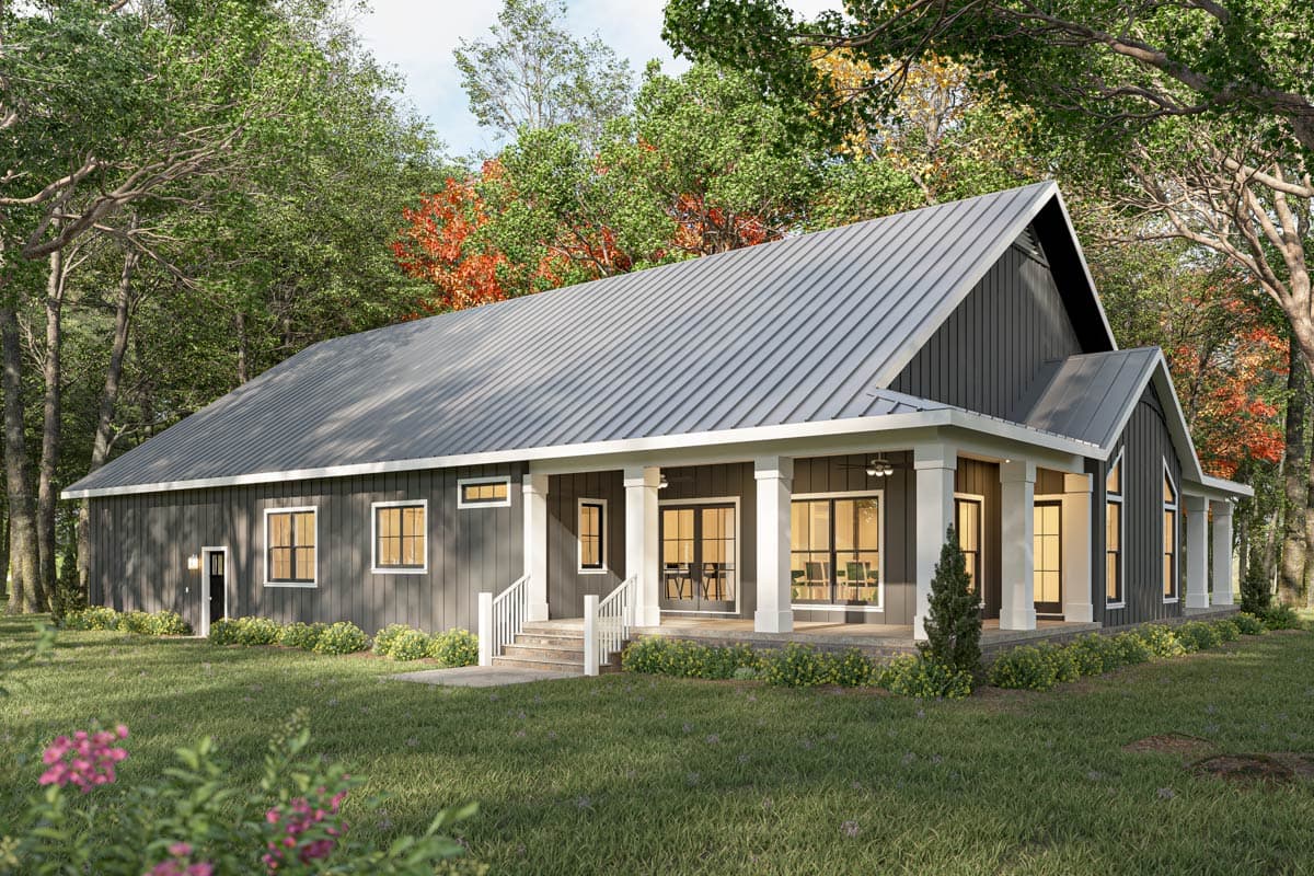 Modern farmhouse house plan exterior, one story, with a covered front porch, vertical siding, and a metal gable roof.