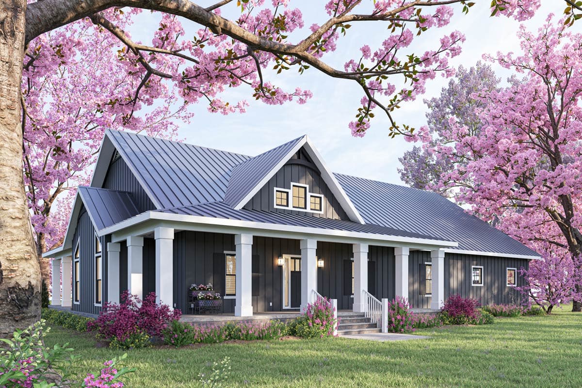 House plan exterior with modern farmhouse style, single story, metal roof, gabled entry, and a covered porch.