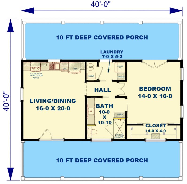 Plan 25055DH: 1-Bed Country House Plan with Open-Concept Living Space - 800 Sq Ft - Floor Plan - Main Level - Country, Vacation
