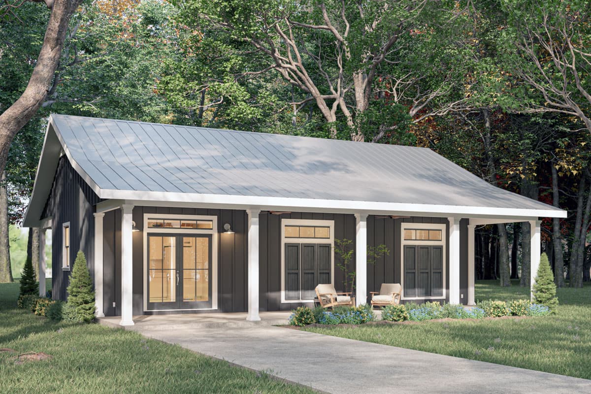 House plan exterior. Single-story, farmhouse-style home with a covered porch supported by columns. Features include a metal roof and double doors.